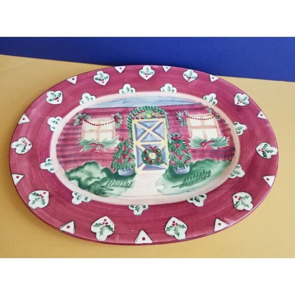 Michael Sparks Pink House Oval Serving Platter Plate xmas holiday zrike tray - Picture 1 of 4